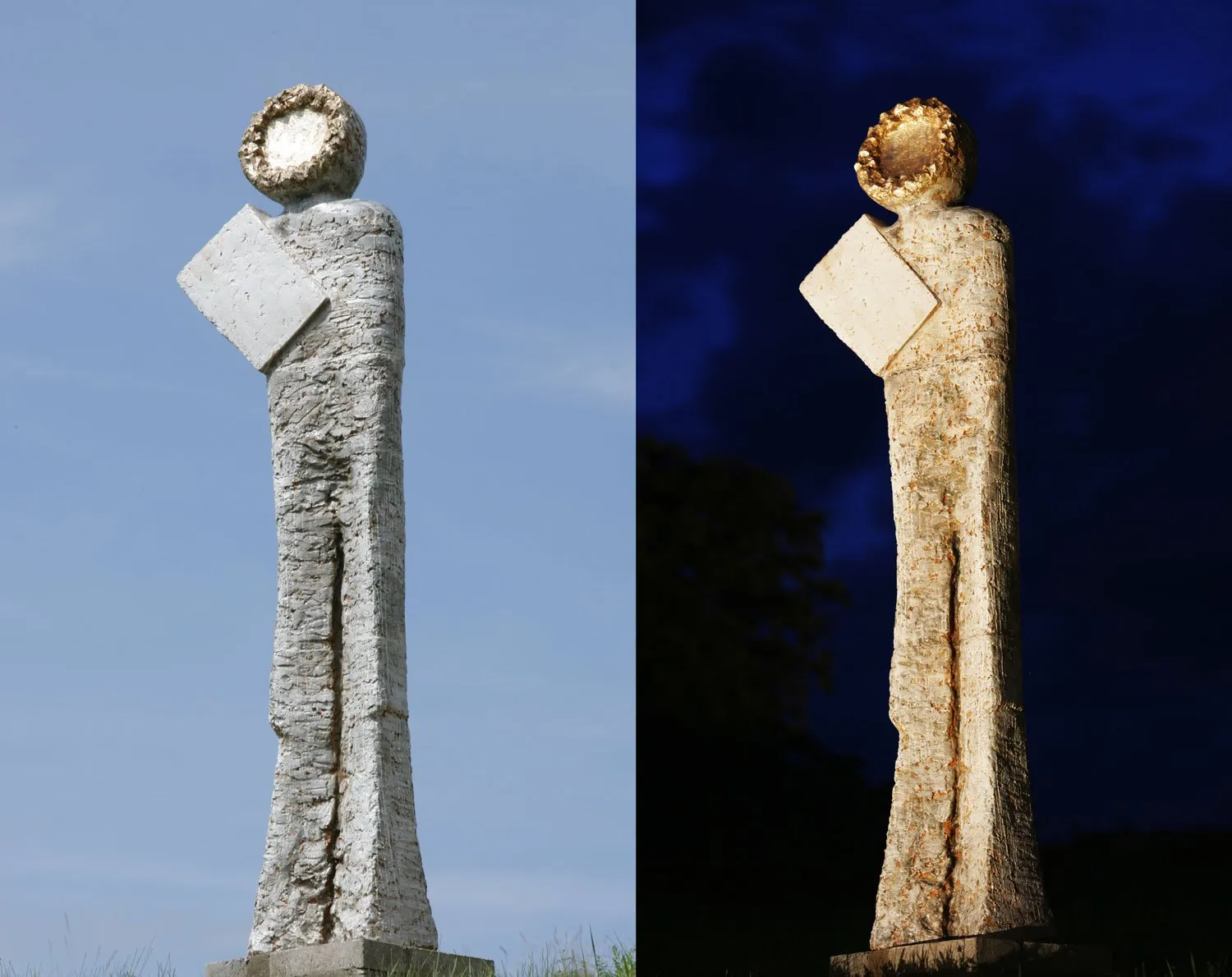 Štíhlá figura se zlatou hlavou a hranatou deskou, za dne a v noci
